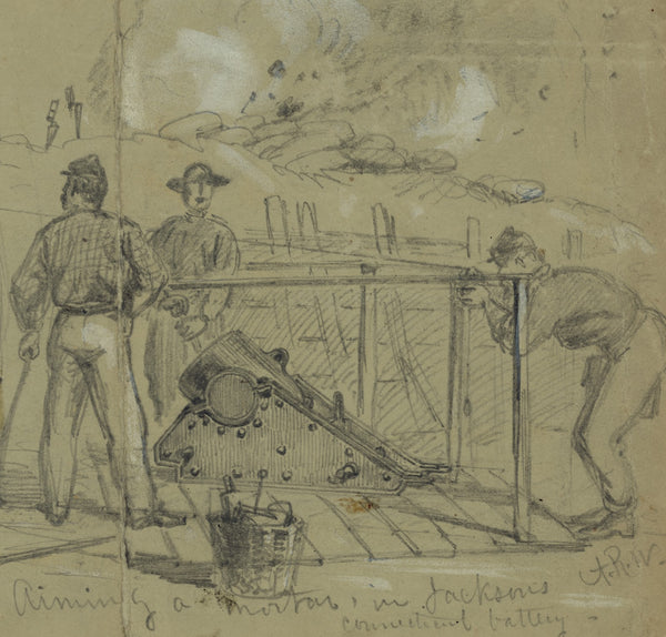 Aiming a Mortar in Jacksons Connecticut battery 1864