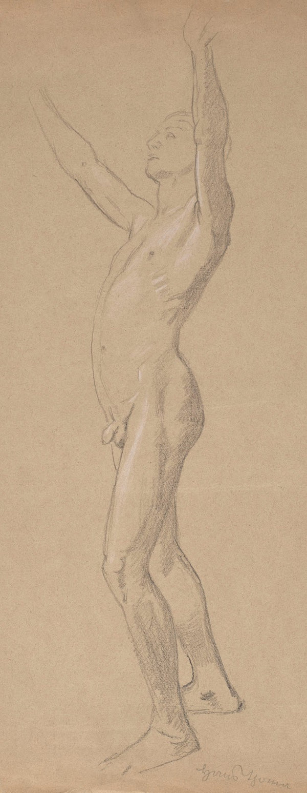 Study of male nude with raised hands 1900