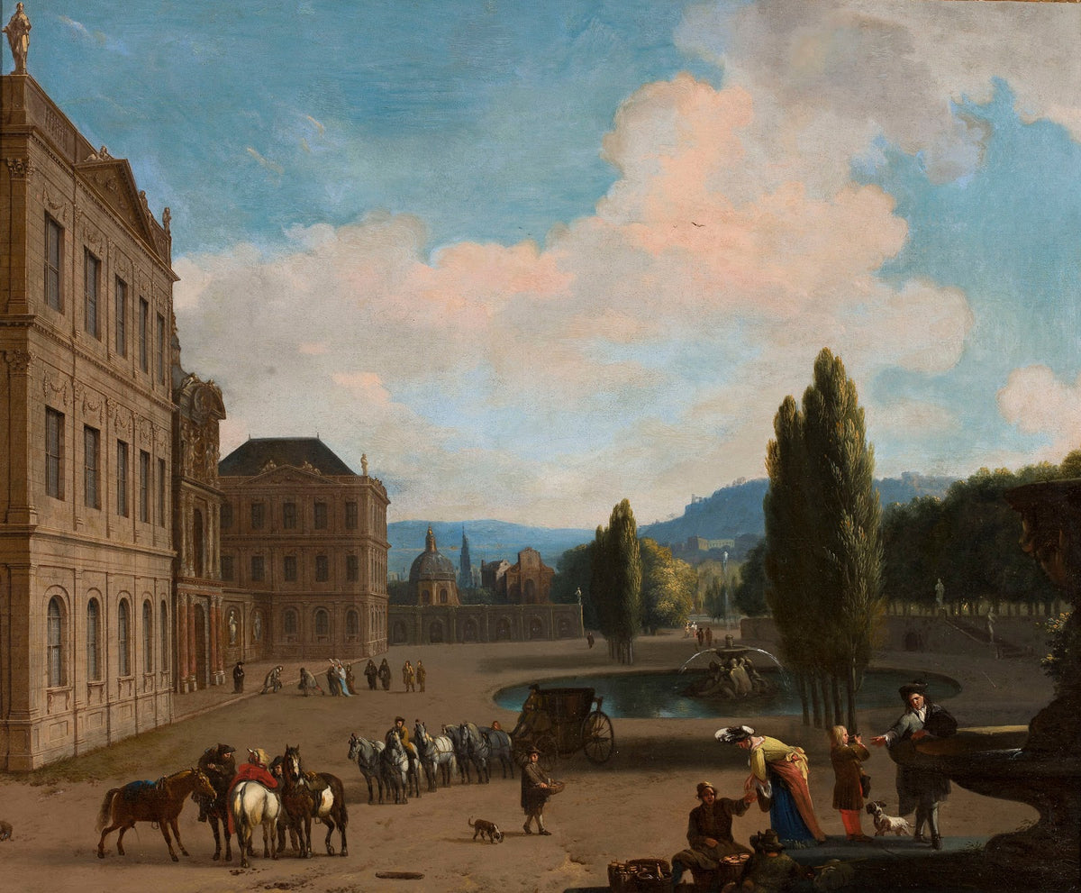 Palace courtyard with a fountains a carriage and people