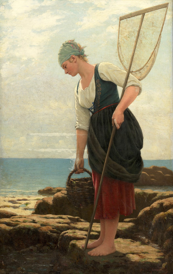 Pêcheuse au filet dans les rochers