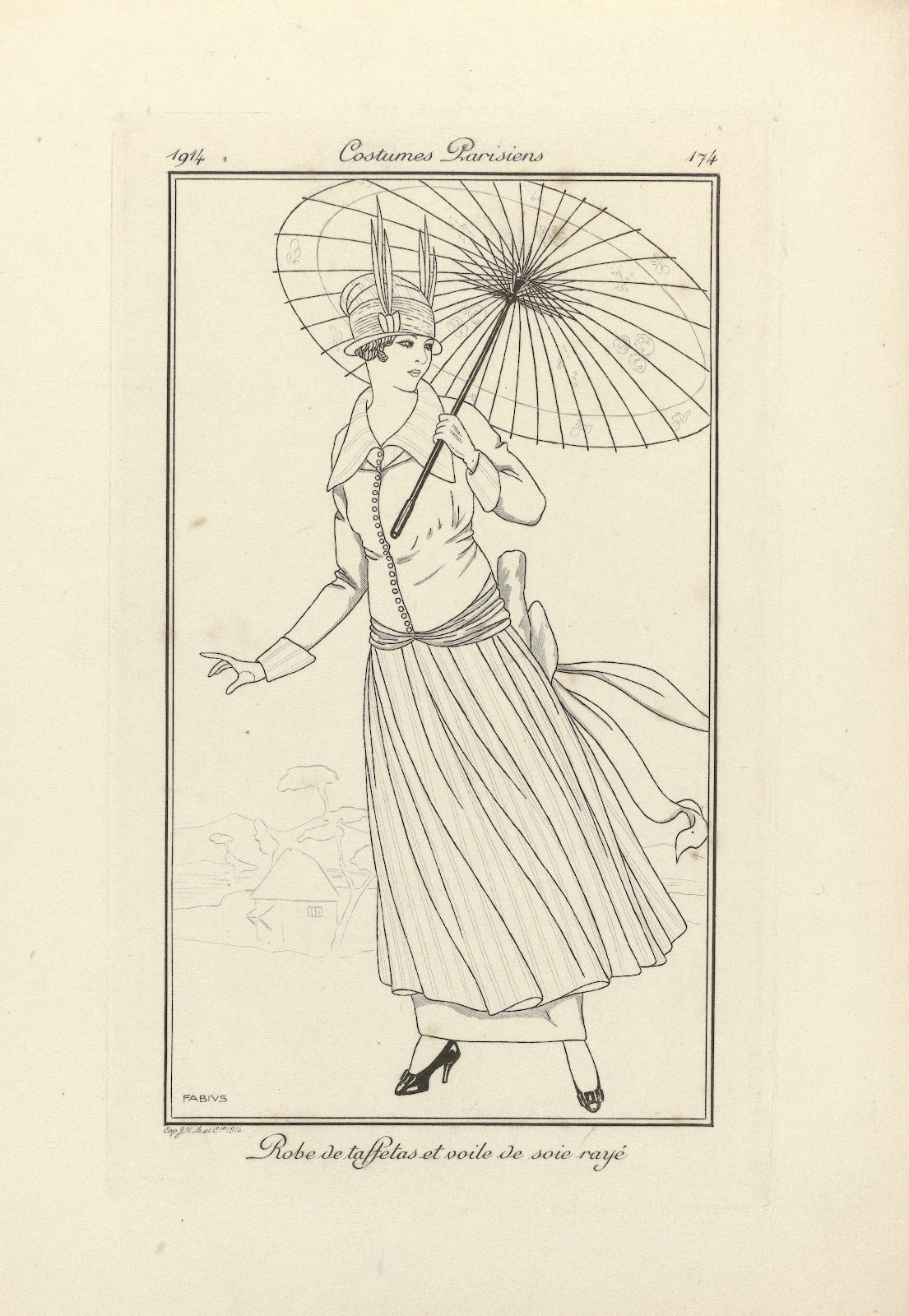 Robe de taffetas et voile de soie rayé 1914