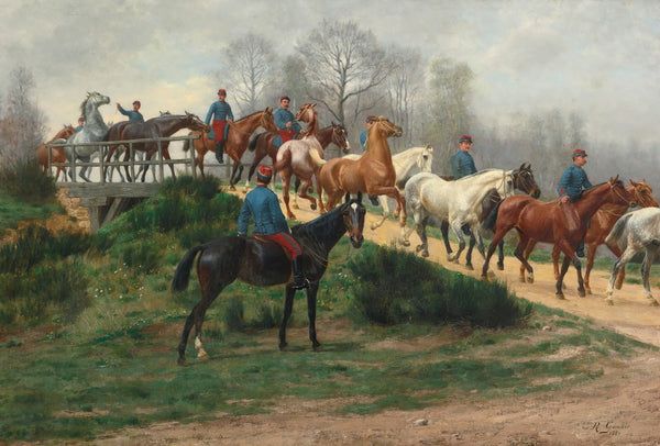 Soldiers leading horses over a bridge 1880