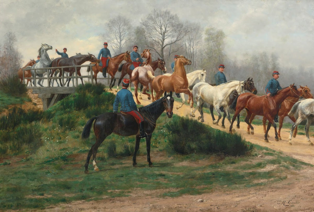 Soldiers leading horses over a bridge 1880