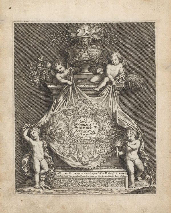 Four cherubs hold a cloth with text on it 1704