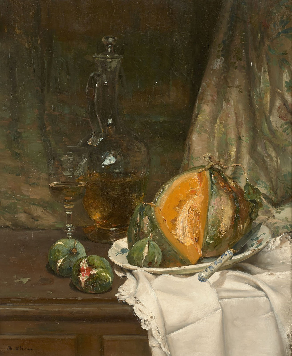 Nature morte au melon aux figues et à la carafe