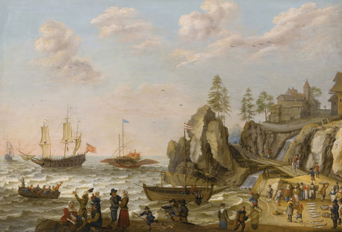 A Coastal Landscape With A Galley An English Galley Frigate And A Rowing Boat In