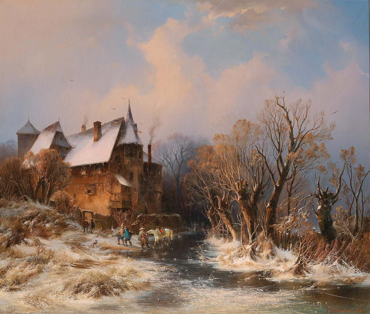 River Landscape In Winter With House And Decorative Figures