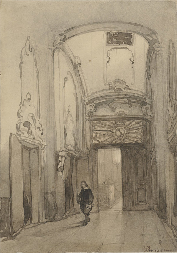 Rococo portaal in het stadhuis in Den Haag met een man in zeventiende eeuws kost