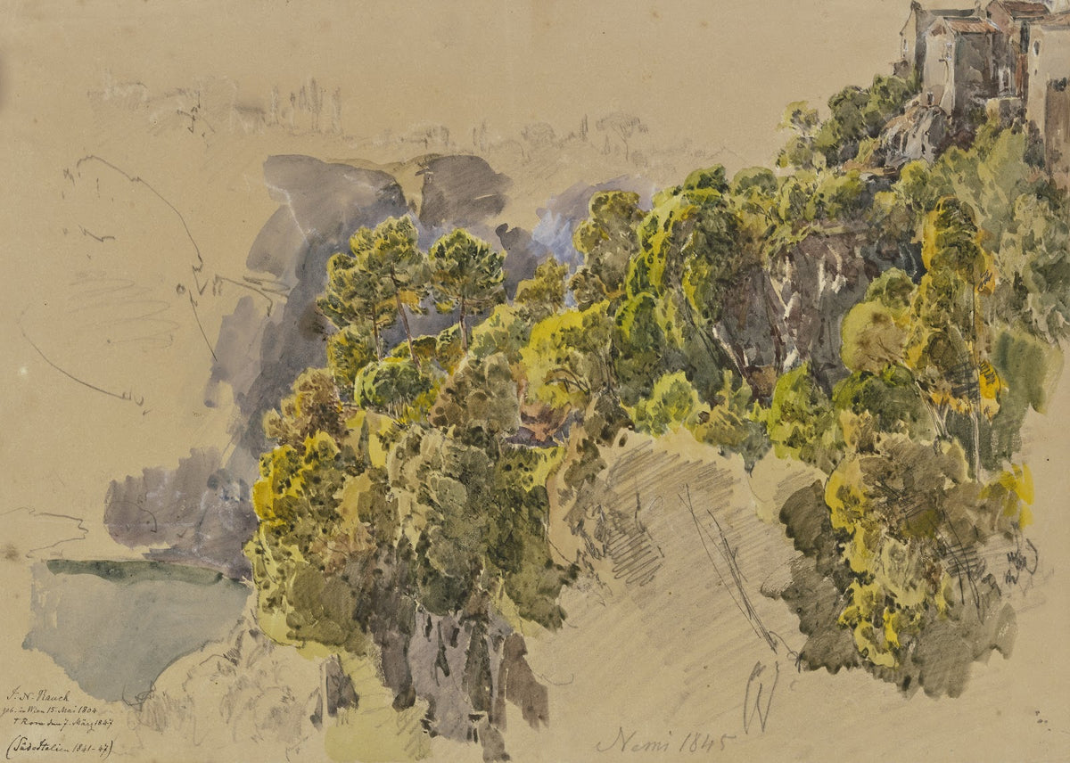Felsabhang mit Bäumen bei Nemi 1845