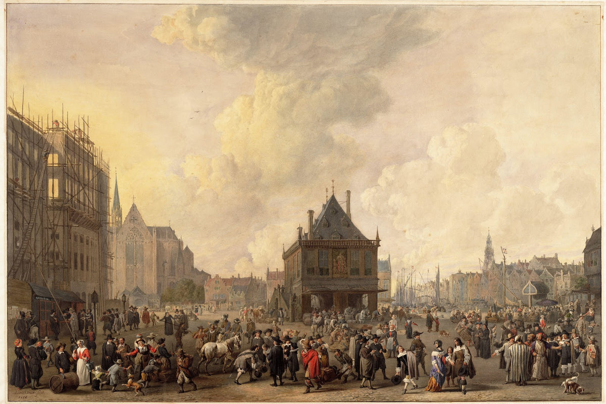 Dam met stadhuis in aanbouw 1860