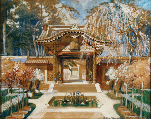 Japanese temple and a blooming tree stage design 1897