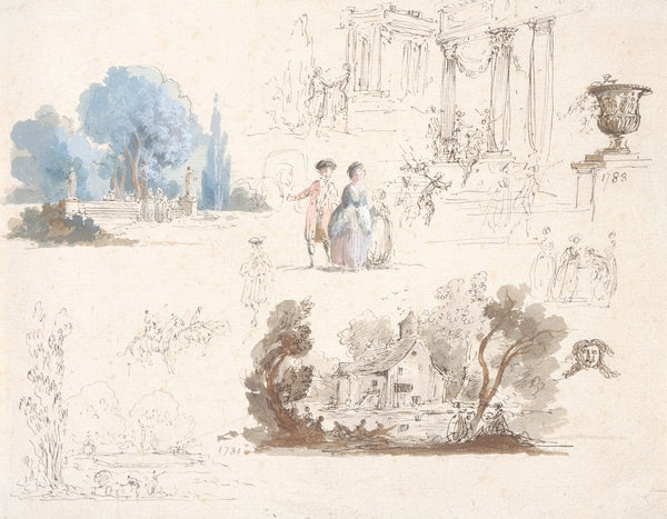 Sheet of Studies of Garden Farm Buildings and Theater Stage Designs 178188