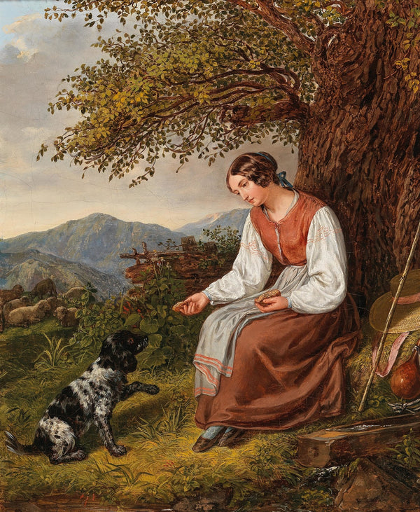 Hirtin bei der Rast mit Hund