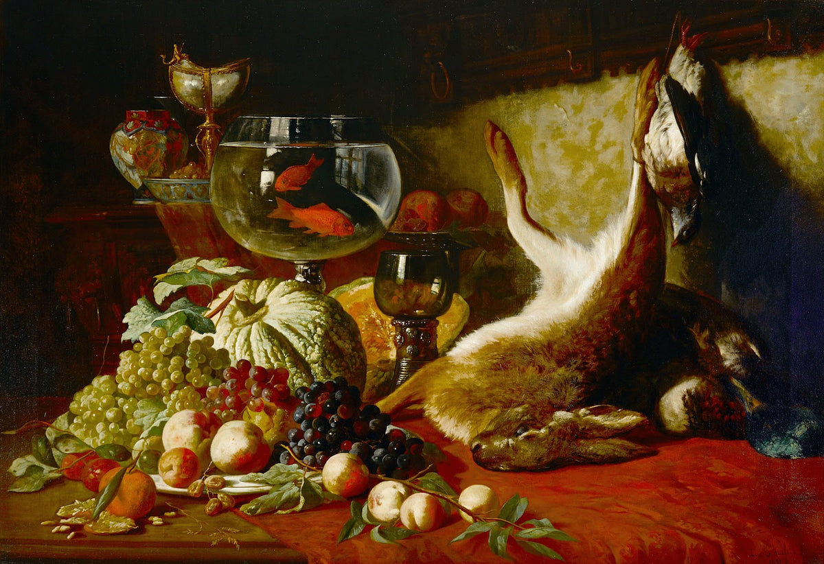 A still life with fruit goldfish and dead hare 1871