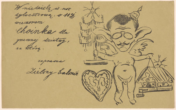 Invitation to the Zielony Balonik cabaret with a caricature of Lucjan Rydel 1905