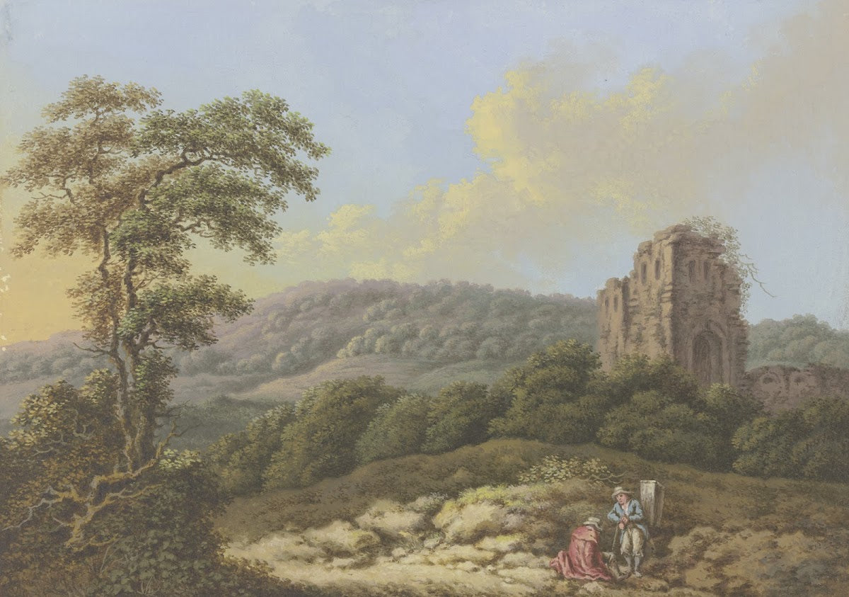 Landschaft mit einer Ruine links ein hoher Baum im Vordergrund zwei Wanderer