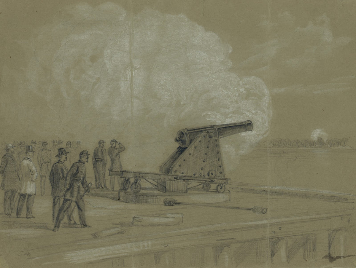 Scene on the dock at the Rip Raps Testing the Sawyer gun and projectile a shell