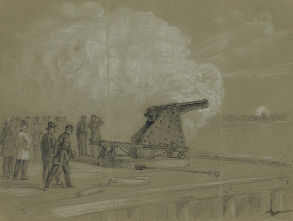 Scene on the dock at the Rip Raps Testing the Sawyer gun and projectile a shell