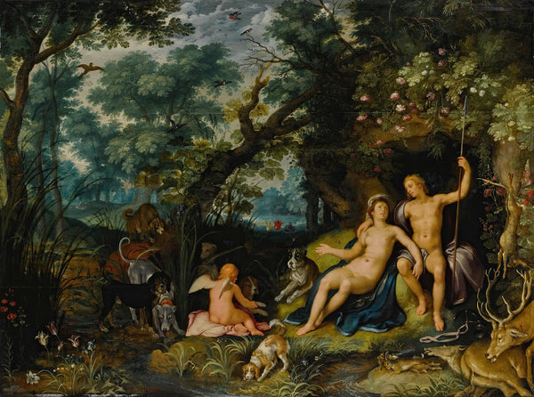 Venus and Adonis resting in an extensive landscape with Cupid and hunting dogs a