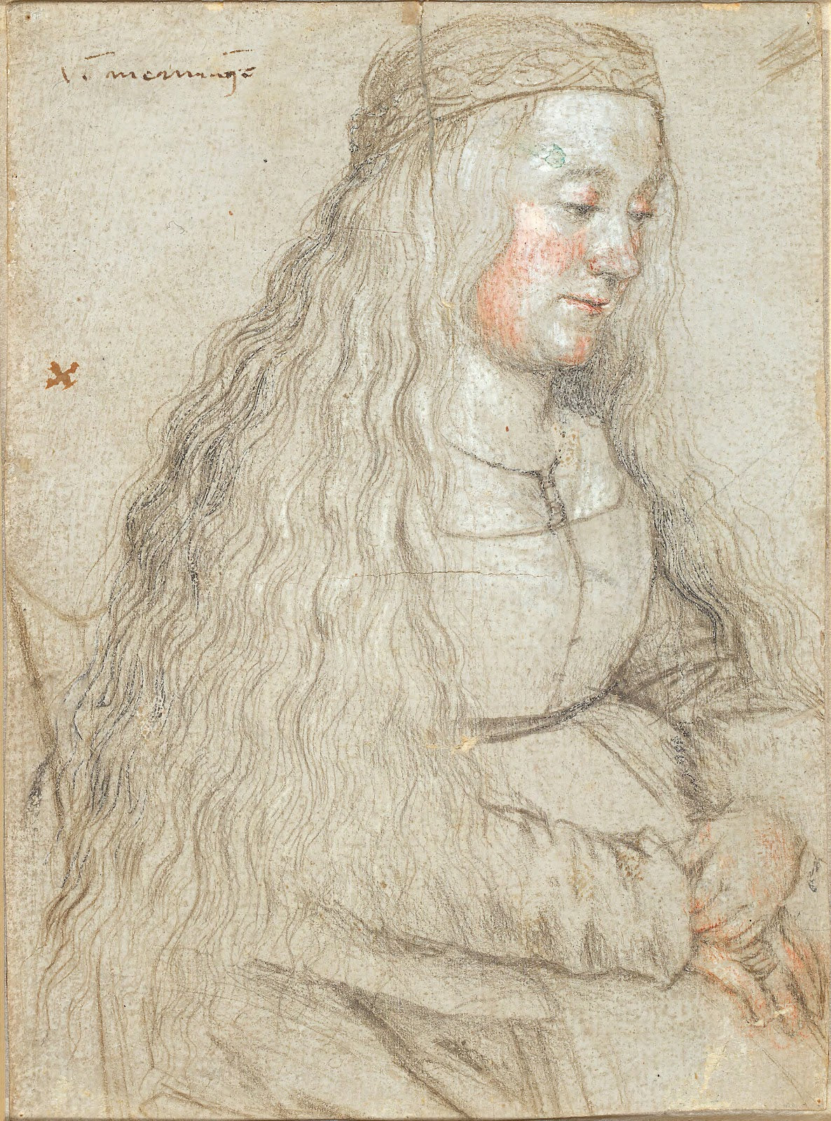 Seated bride with flowing hair and headband 1460 1524