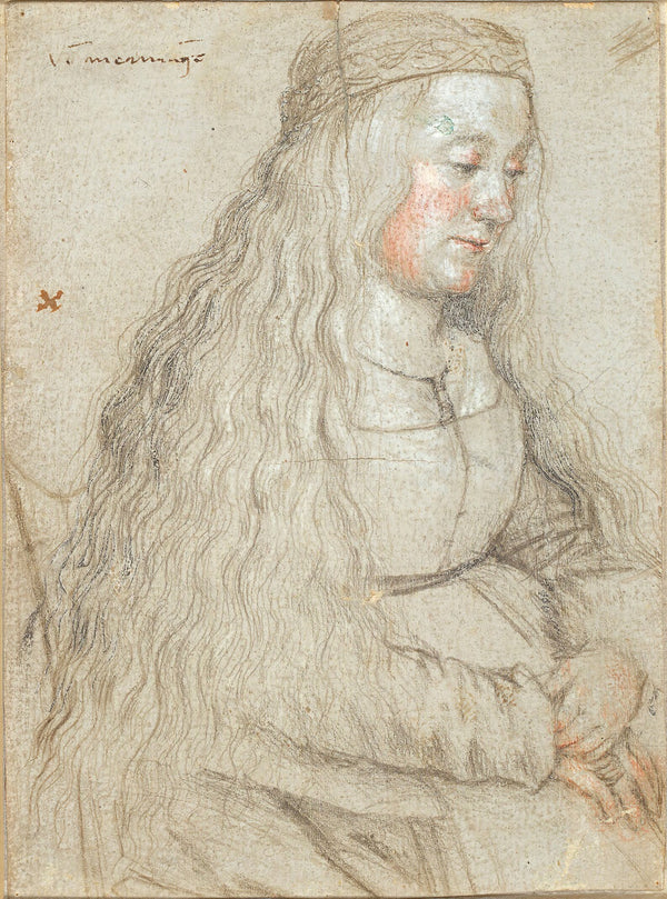 Seated bride with flowing hair and headband 1460 1524