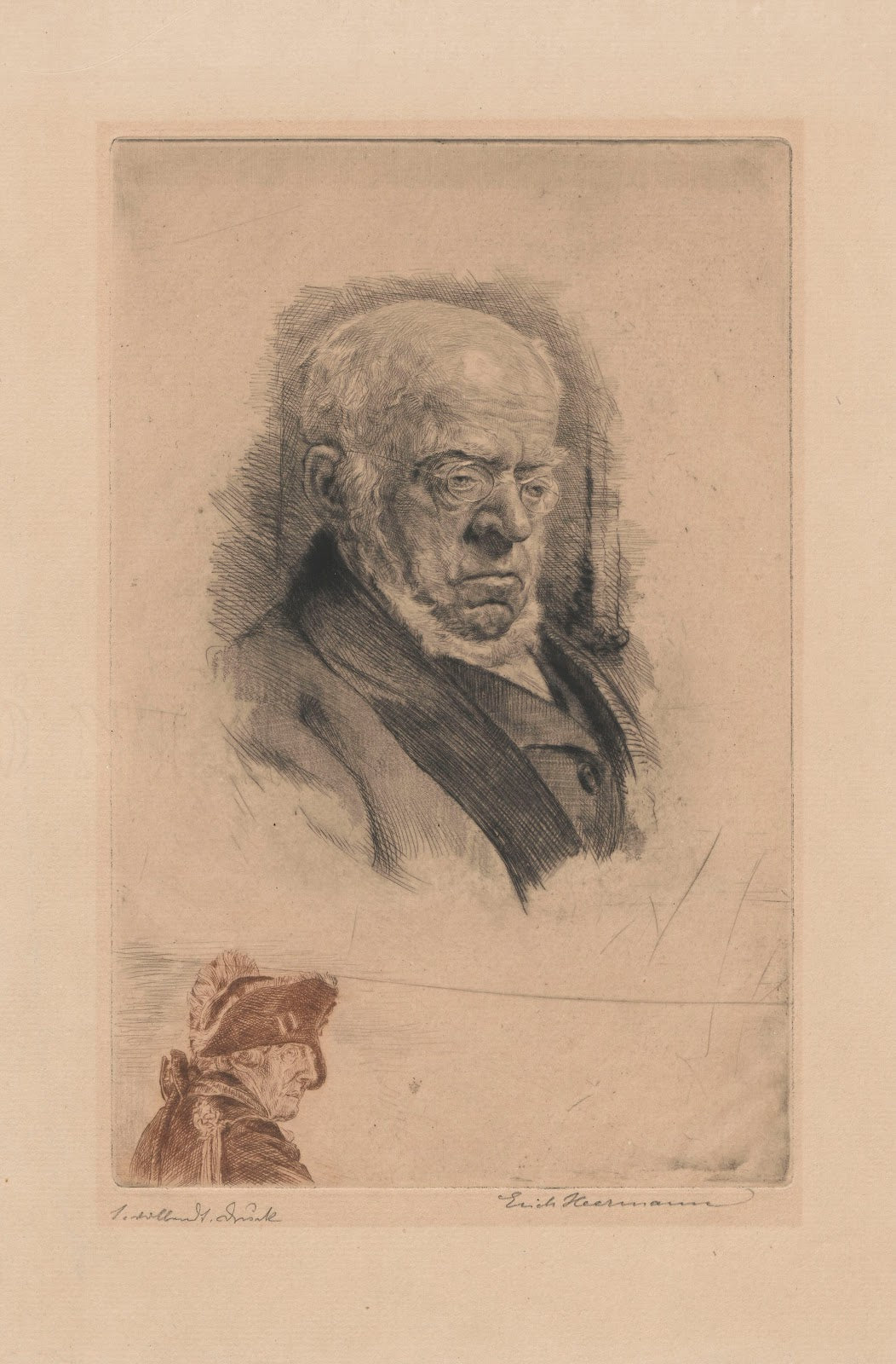 Portrait of Adolph Menzel with remarque Frederic the Greats head 1908