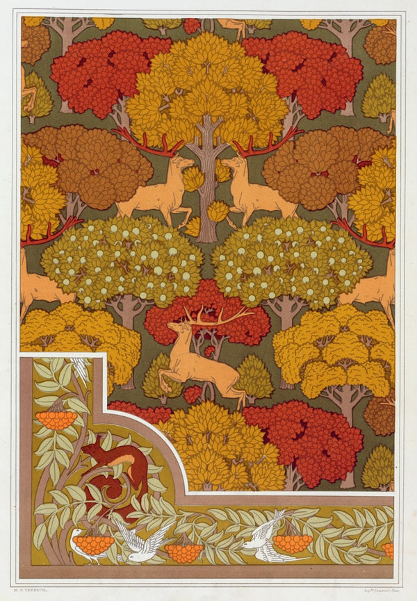 Cerfs et arbres papier peint Écureuil oiseaux et sorbier bordure 1897