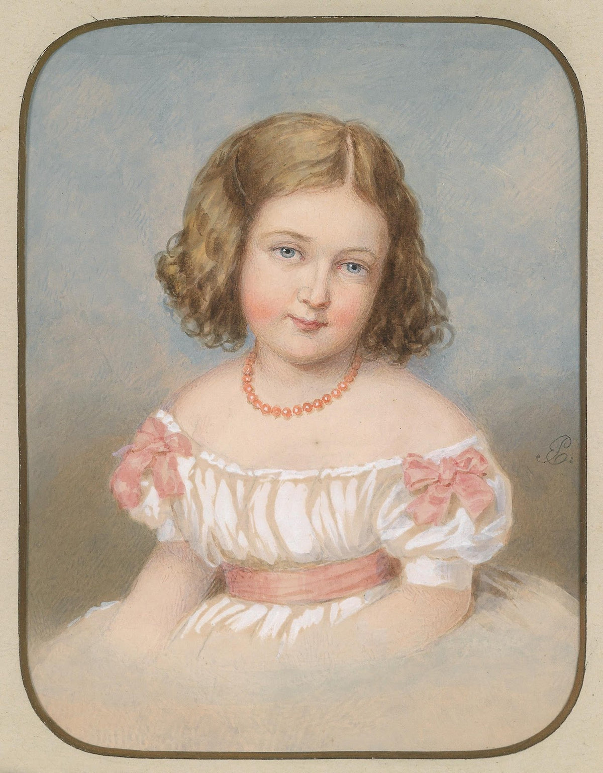 Bildnis eines kleinen Mädchens in weißem Kleid mit rosa Schleifen