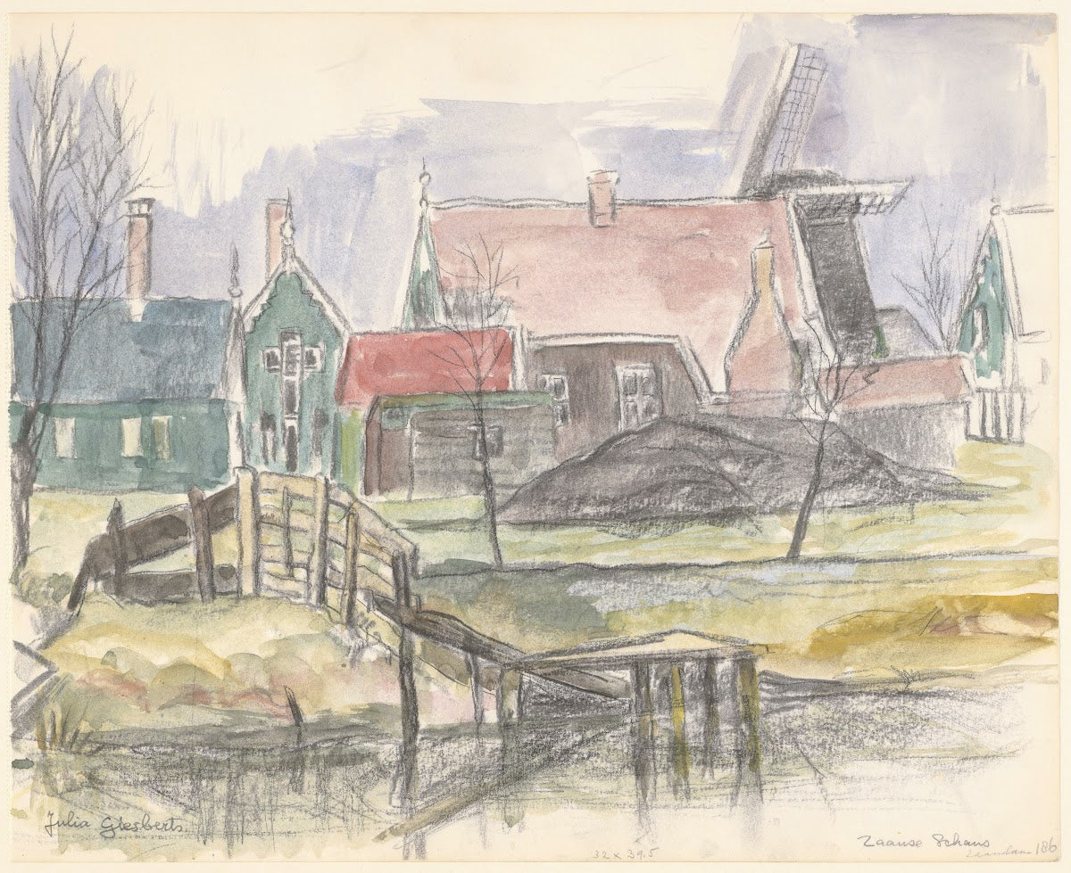 Huizen aan de Zaanse Schans rechts op de achtergrond een molen