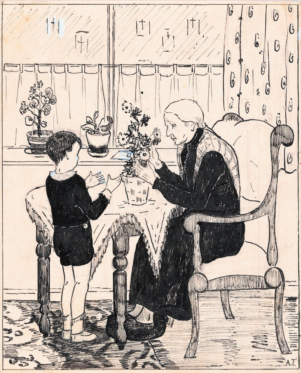 Oude vrouw schikt een boeket 1925