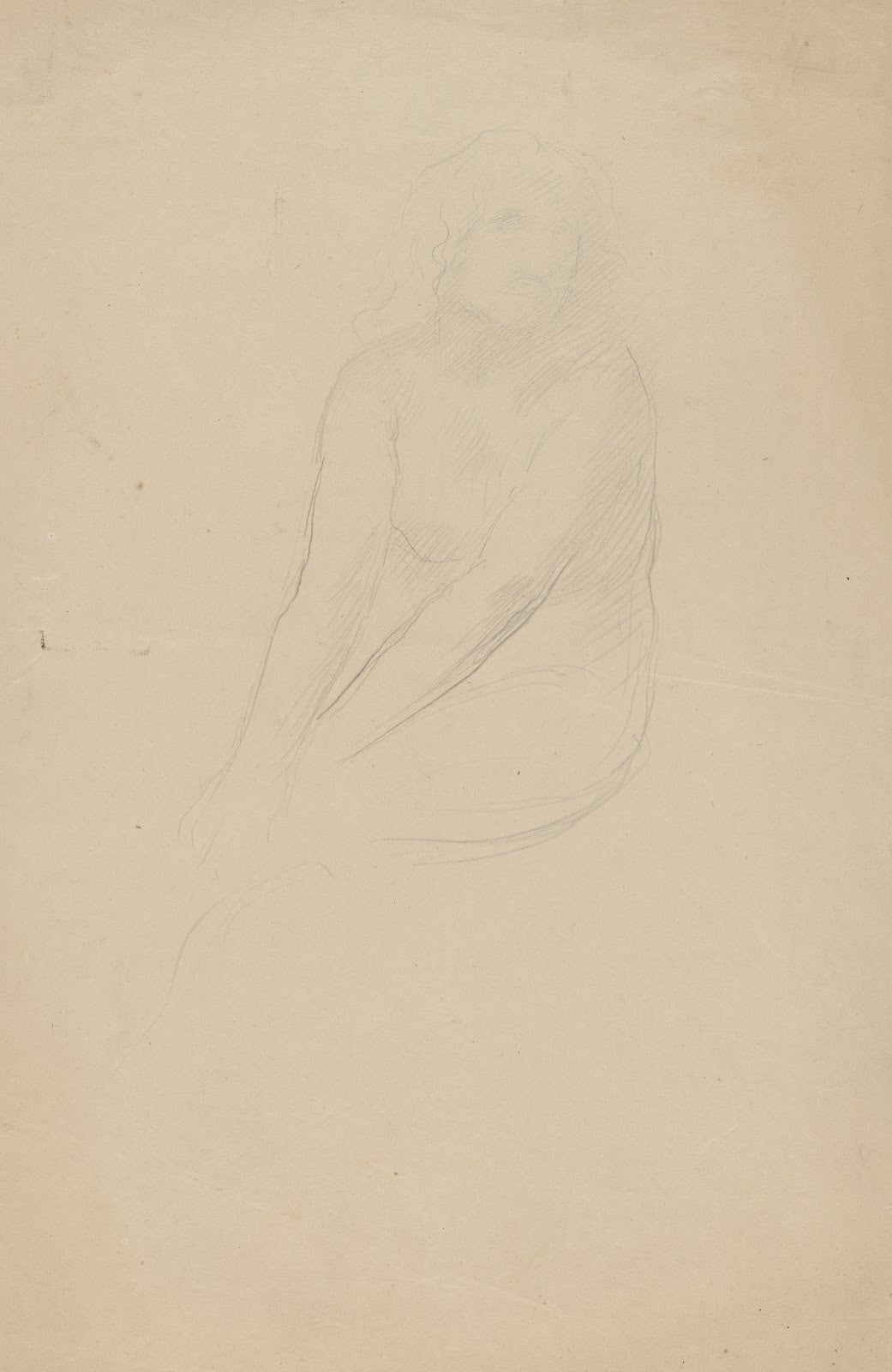Seated female nude body facing left head facing right