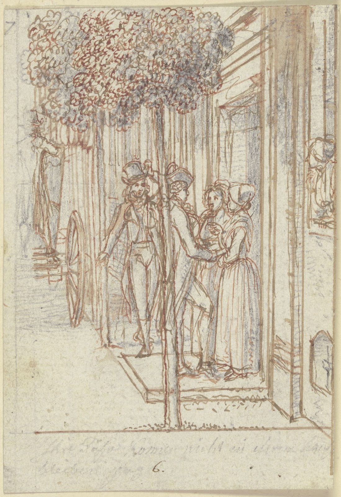 Zwei Frauen stehen an einer Haustür unter Bäumen ca 1795