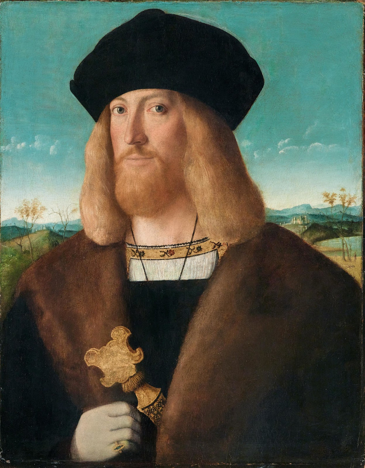 Portrait Of A Bearded Man Half Length Wearing A Fur Lined Coat And Holding A Dag