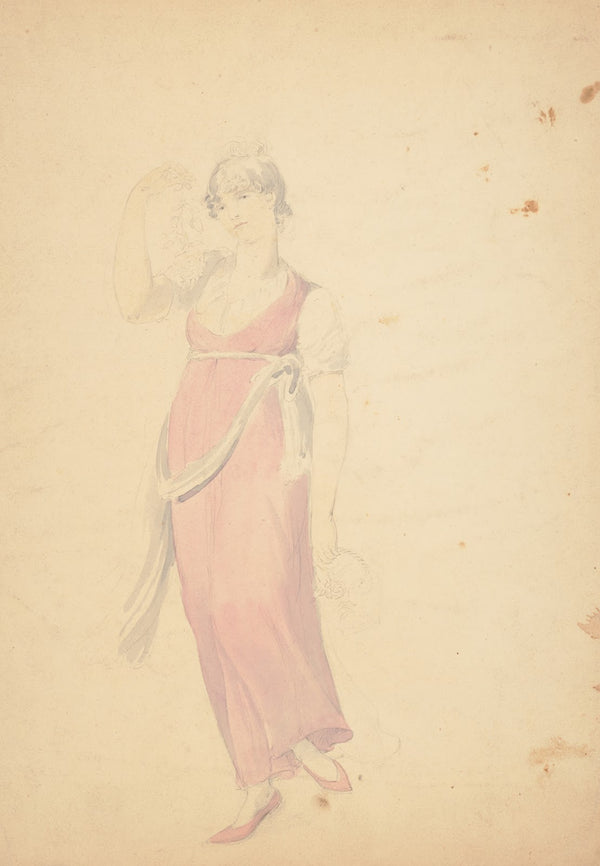 Full length unfinished drawing of woman wearing a pink dress and shoes and holdi