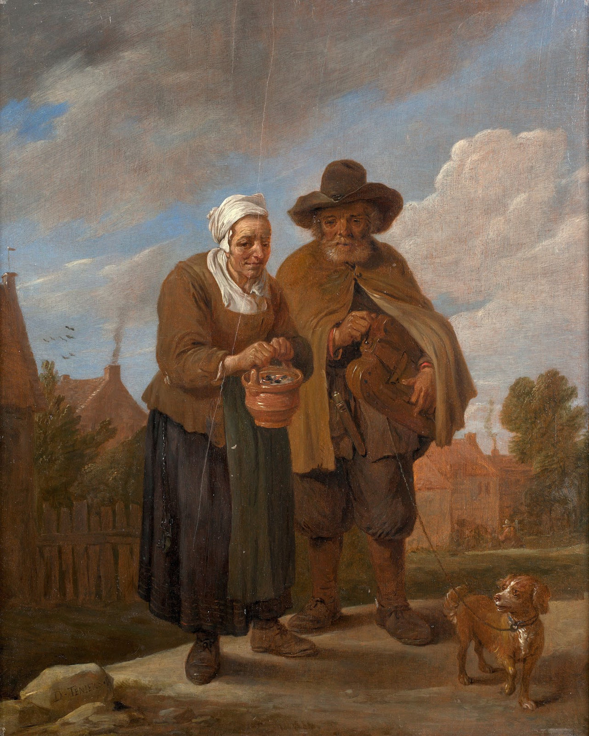 Old lady holding a brazier and hurdy gurdy player
