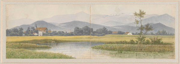 Mountain landscape with panorama of the Karkonosze and view of a church 1859 1
