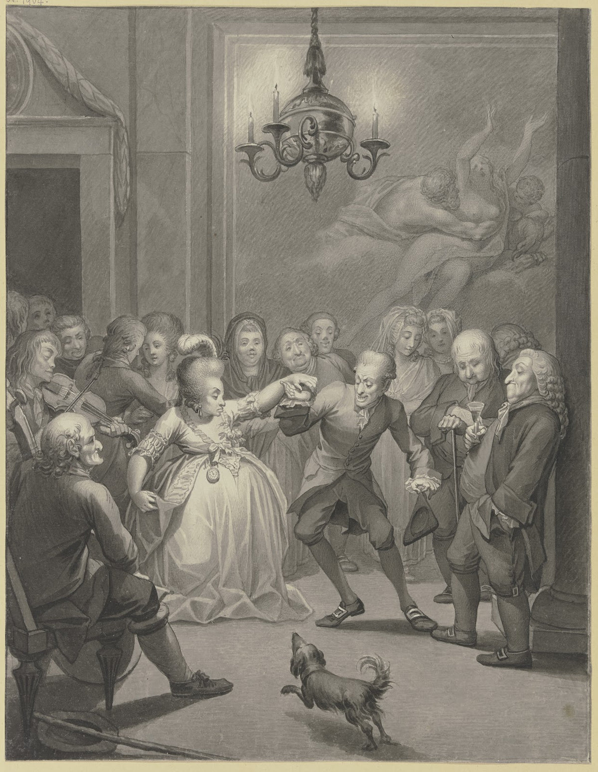 Hochzeitstanz eines buckeligen Paares in einem Empireraum bei Kerzenlicht 1786