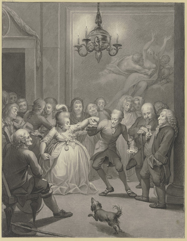 Hochzeitstanz eines buckeligen Paares in einem Empireraum bei Kerzenlicht 1786