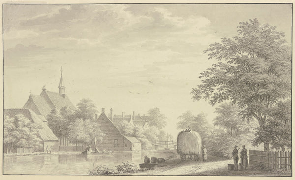Städtchen am Fluß rechts ein Heuwagen 1763