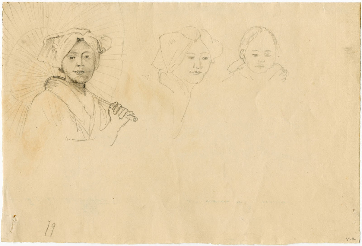 Woman with sunshade head of a woman head of a child