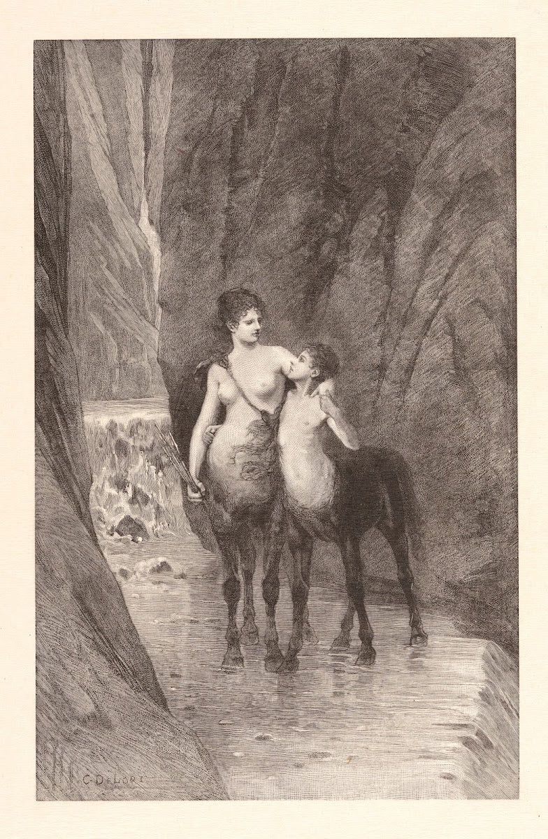 Two centaurs mother and child standing in mountain stream
