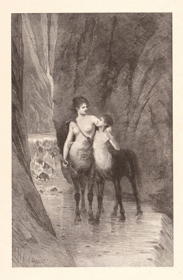Two centaurs mother and child standing in mountain stream