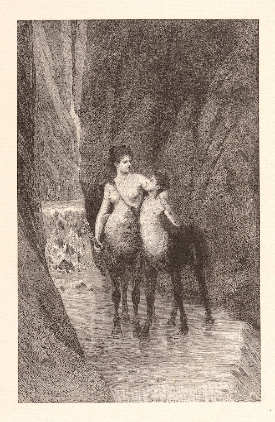 Two centaurs mother and child standing in mountain stream