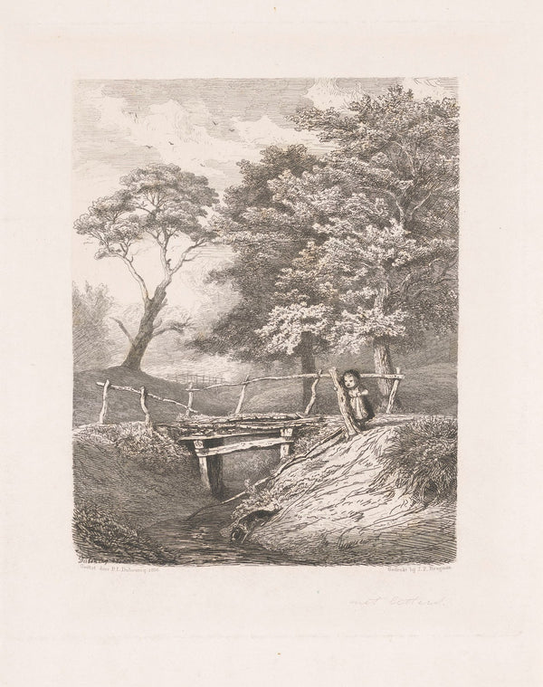 Meisje met hond bij houten brug 1856