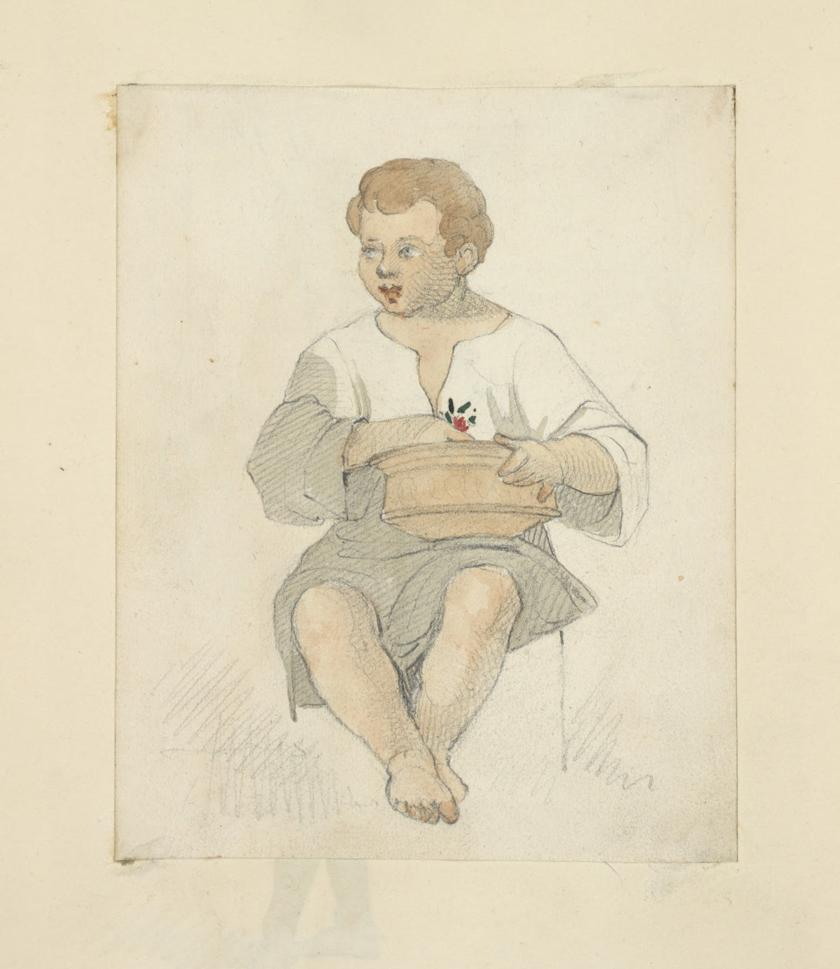 Boy wearing tunic with terra cotta bowl in his lap 1840