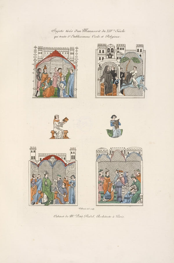 Sujets tirés dun manuscrit du XIVe siècle qui traite détablissemens civils et re