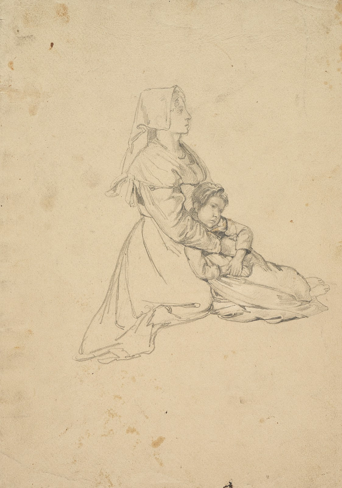 Kneeling Italian girl holding her daughter before 1834