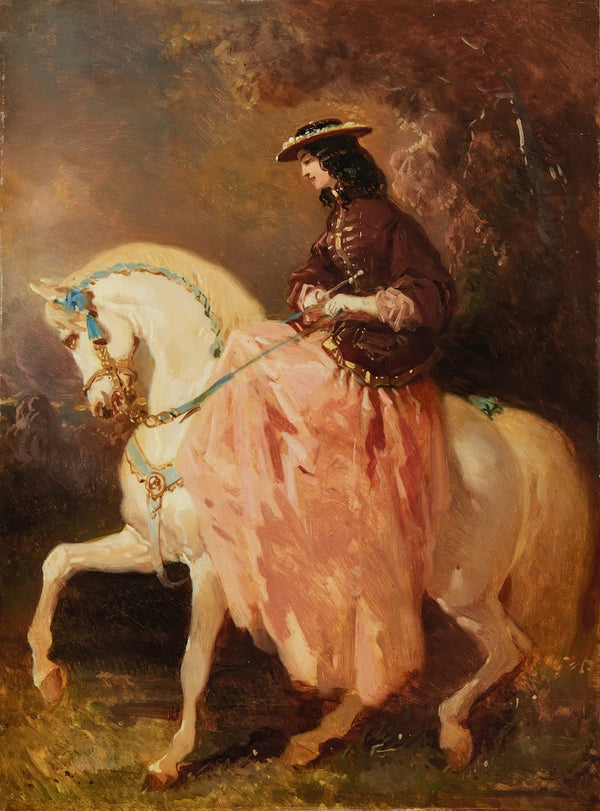Amazone au petit canotier veste rouge jupe rose une cravache sur un cheval gris