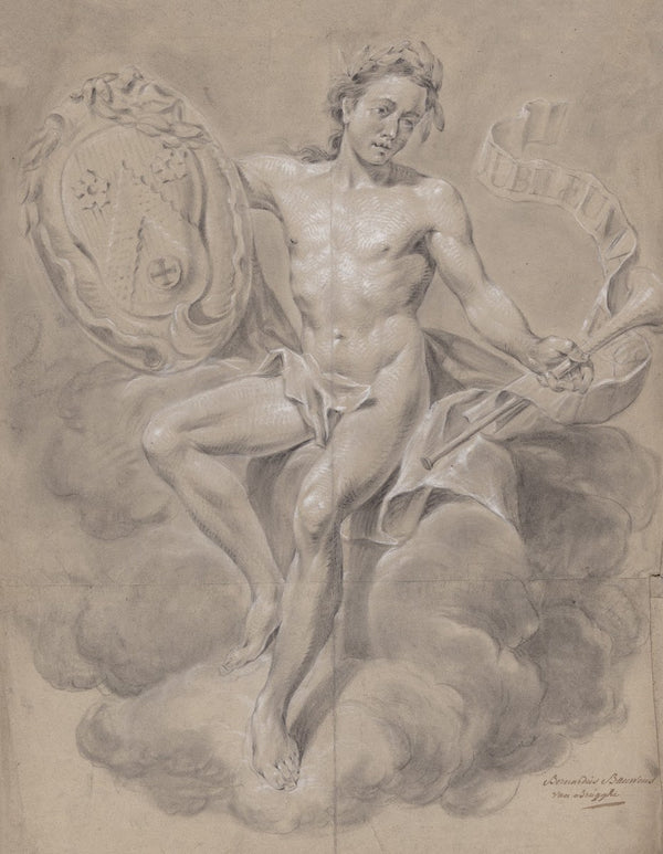 Seated male nude with coat of arms and trumpet 1768