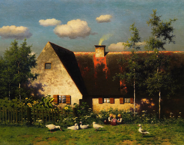 Spielende Kinder und Gänse vor dem Bauernhof 1900